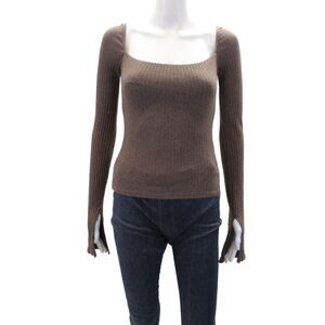 Carbon 38 Womens Ribbed Square Neck Long Sleeve Blouse Top Brown Size XS